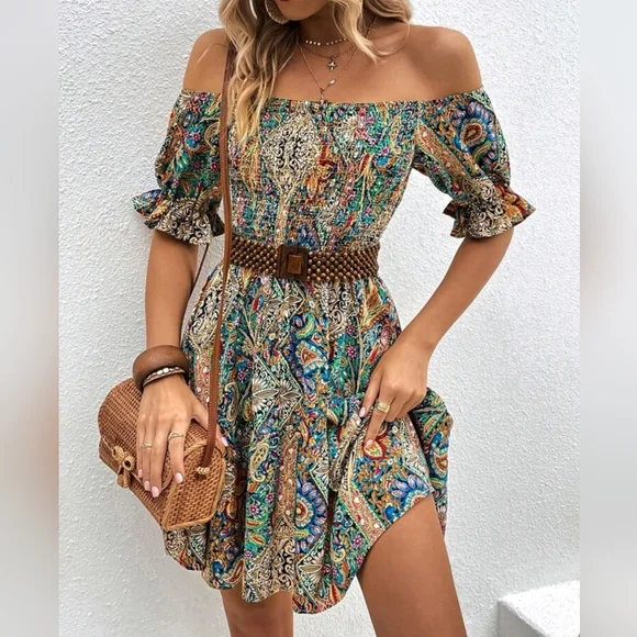 New Chic Boho Paisley Floral Off Shoulder Mini Dress Ruffle Smocked Blue Tan - Picture 1 of 8